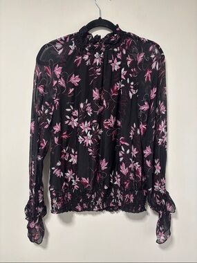 Ramy Brook Black Silk Blouse with Pink Floral Print